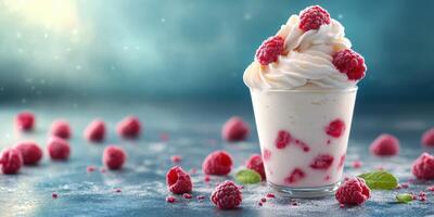 Delicious raspberry dessert served in a glass with fresh raspberries and whipped cream on a textured background photo