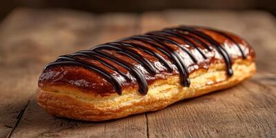 Delicious pastry topped with rich chocolate glaze resting on a rustic wooden surface photo