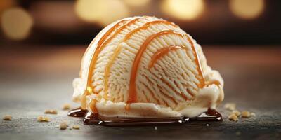 Delicious vanilla ice cream topped with caramel sauce served in a cozy setting during the evening photo