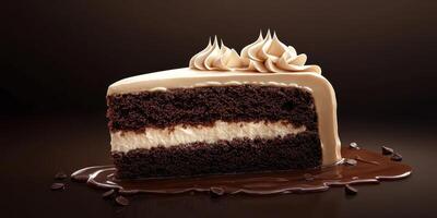 Delicious chocolate cake sliced to reveal creamy filling and rich frosting with a drizzle of chocolate sauce photo