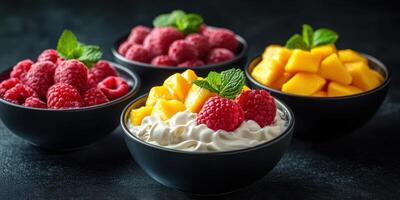 Fresh raspberries, mangoes, and creamy yogurt in black bowls on a dark textured background photo