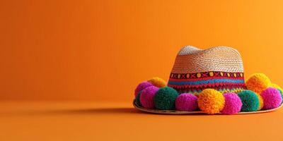 Colorful sombrero hat with pom poms placed against a bright orange background photo