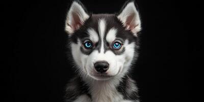 Stunning portrait of a striking Siberian husky with bright blue eyes against a solid black background photo