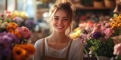 Young woman smiling happily in a flower shop surrounded by vibrant blooms during a sunny afternoon photo