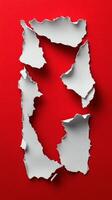Torn white paper pieces arranged on a vibrant red background create an abstract art piece photo