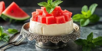 Delicious watermelon dessert served in an elegant silver dish garnished with fresh mint leaves and styled for a summer feast photo