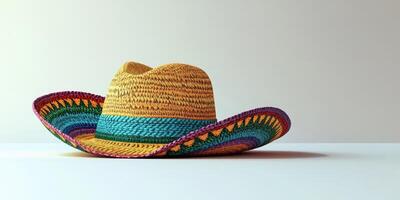 Colorful straw sombrero resting on a table showcasing vibrant weaving patterns and unique design photo