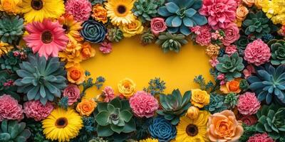 Bright floral arrangement featuring diverse flowers and succulents on a vibrant yellow background photo