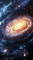 Spiral galaxy illuminated by vibrant stars and cosmic dust in deep space photo