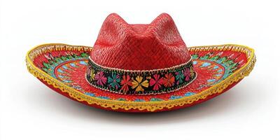 Vibrant red sombrero with intricate floral designs on colorful band suitable for festive celebrations photo
