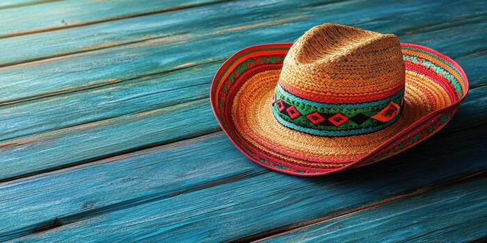 Colorful straw hat rests on a wooden table, highlighting classic design and vibrant patterns in a relaxed setting photo