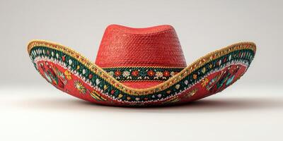 Colorful red sombrero with intricate floral designs displayed on a neutral background photo