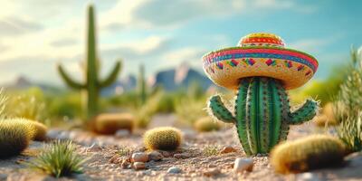 Cactus wearing sombrero in desert landscape during sunny day with vibrant flora and mountains in background photo
