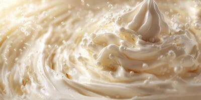 Cream swirls and bubbles create an appetizing texture in a close-up shot of whipped cream photo