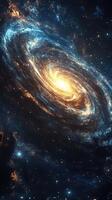 Swirling galaxy illuminated by bright golden core and surrounded by shimmering stars in vast universe photo