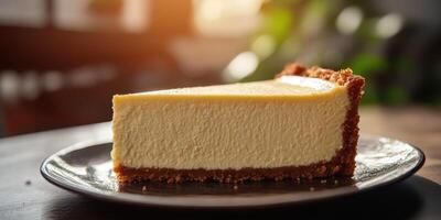 Creamy cheesecake slice resting on a black plate in a cozy coffee shop during golden hour photo