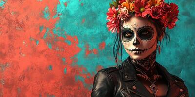 Celebration of Life with Catrina Figure in Colorful Traditional Attire and Floral Crown photo