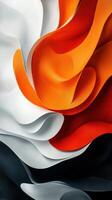 Colorful abstract design featuring dynamic waves of orange, white, and black in a fluid motion photo