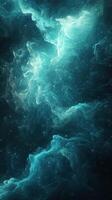 Vibrant swirling nebula in deep space with glowing turquoise hues and scattered stars at twilight photo
