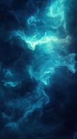 Bright swirling nebula in deep space showcasing vibrant hues of blue and teal with scattered stars in the background photo