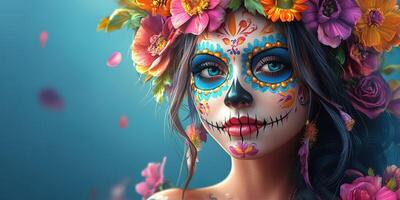 Celebrating life and death with colorful face paint during Dia de los Muertos festivities photo