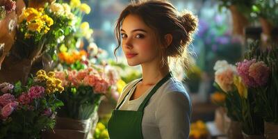 Young woman smiles among vibrant flowers in a bustling flower shop during the day photo