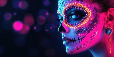 Colorful skull makeup and vibrant lights enhance a celebratory look during a night event photo