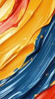 Vivid abstract painting with swirling textures and rich colors presented in bold red, yellow, and blue hues photo