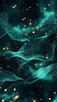 Swirling emerald waves with shimmering golden particles create a mesmerizing abstract pattern in a dark background photo
