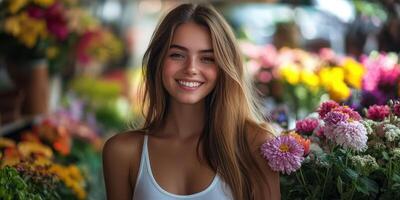 Smiling woman enjoying a vibrant flower market filled with colorful blooms in bright daylight photo