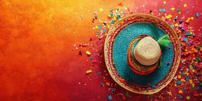 Colorful sombrero surrounded by confetti on a vibrant background celebrating a festive occasion photo