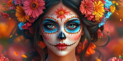 Celebrating the vibrant Day of the Dead with colorful flowers and intricate face paint in a festive atmosphere photo