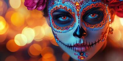 Celebrating Day of the Dead with vibrant sugar skull makeup in a festive ambiance at night photo