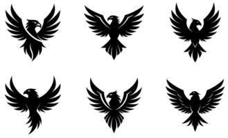 This image features six distinct, powerful, and majestic black silhouette eagle logos against a pure white background. vector