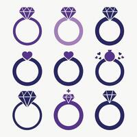 This graphic features a set of nine simple, white ring icons, each with a diamond or a pearl, against a deep navy blue background. vector