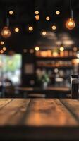 Warm and inviting cafe interior with wooden tables and soft lighting creating a cozy atmosphere in the evening photo
