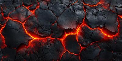Volcanic lava flow creates intricate cracks and glowing fissures in dark rocky surface photo