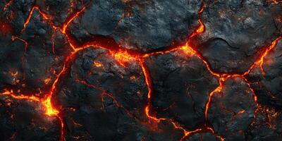Spectacular lava flow revealing intricate cracks and glowing embers in a volcanic landscape during nighttime photo