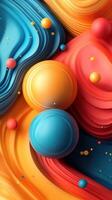 Colorful abstract design featuring vibrant shapes and flowing patterns with various spherical elements photo