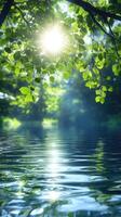 Sunlight filters through lush green leaves reflecting on calm water in a serene natural setting photo