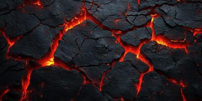 Molten lava flows through cracks in dark volcanic rock during a geothermal event in a remote landscape photo