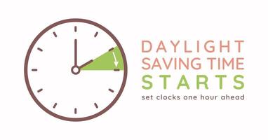 Daylight Saving Time starts template. Spring Forward. Web Banner Reminder. illustration with clocks turning to an hour ahead. Minimalist flat style summertime vector