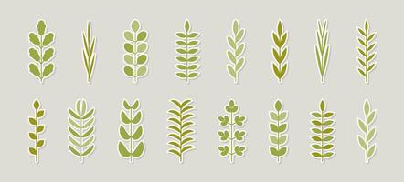 Leaves branch green sticker set. Collection of spring colorful elements . Foliage from simple geometric shapes. Minimalist decor for holiday print banner poster. vector