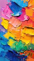 Vibrant colors blend in thick paint strokes creating a lively abstract artwork on a textured canvas photo