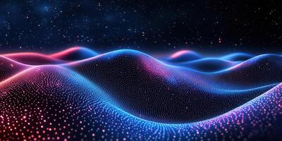 Colorful waves of light create a digital landscape against a dark starry background photo