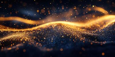 Golden particles swirl and dance on a dark background, creating a mesmerizing wave-like effect at night photo