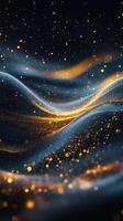 Swirling particles create dynamic waves of golden light against a deep blue background in an abstract representation of motion photo