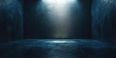 Empty dark room with a single spotlight illuminating the textured walls and floor in a dramatic and moody atmosphere photo