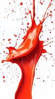Vivid splash of red paint creating dynamic shapes and patterns against a white background photo