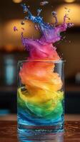 Colorful swirling liquid creates a vibrant display in a glass during a lively gathering in the evening photo